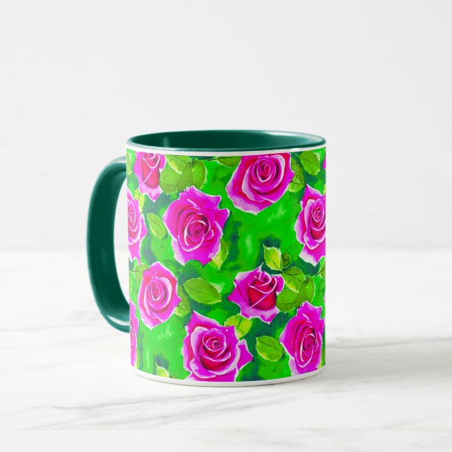 Caneca Padrão de Rosa de Aquarela Rosa Fuchsia (Frente Esquerda)