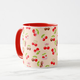 Caneca Padrão de Sobremesa de Cereja Fofa Design Estético