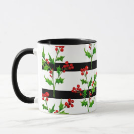 Caneca Padrão de Stripe Moderna Holly de Natal em Aquarel