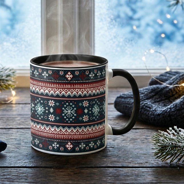 Caneca Padrão de Suéter de Natal com Floco de Neve Vermel (Criador carregado)