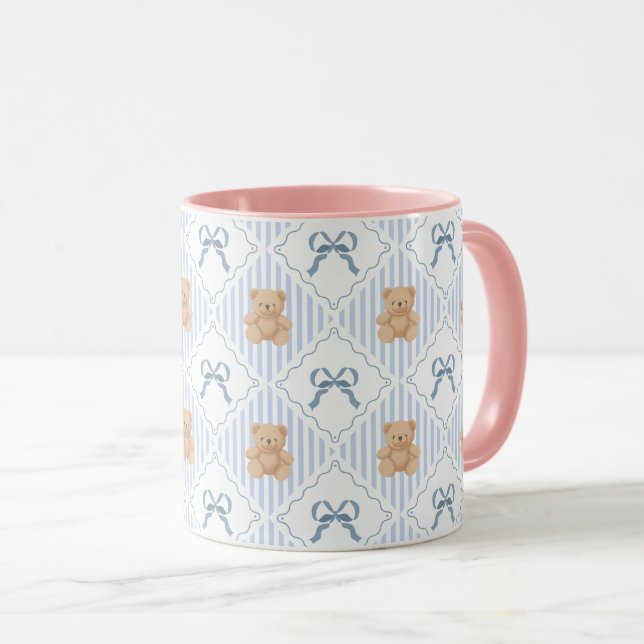Caneca Padrão de Urso Teddy Coquette e Laço de Fita (Frente Esquerda)