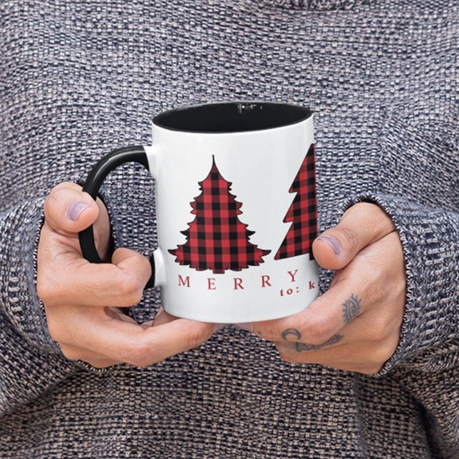 Caneca Padrão de Verificação de Búfalos de Feriado de Nat (Simple Merry Christmas Trees Custom Two Tones Mug)