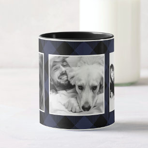 Caneca Padrão de Xadrez de Foto da Família Azul Personali
