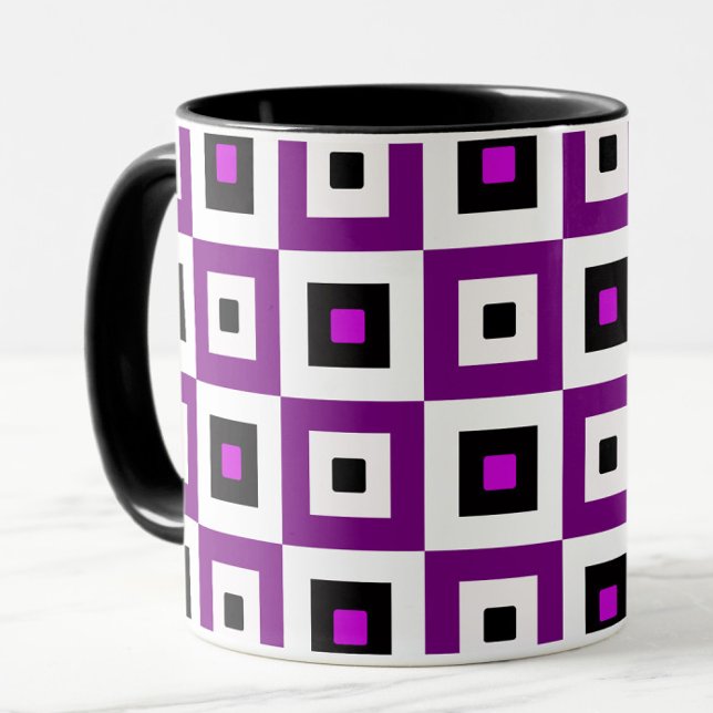 Caneca Padrão de Xadrez Roxo Preto e Branco (Criador carregado)