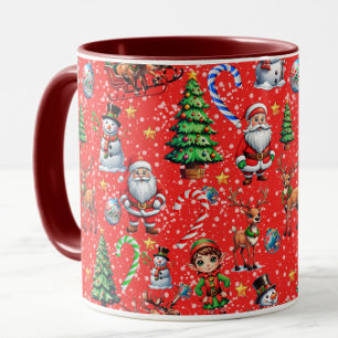 Caneca Padrão Decorativo de Natal com Fundo Vermelho