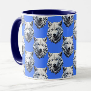Caneca Padrão Design Azul da Cabeça do Lobo Branco