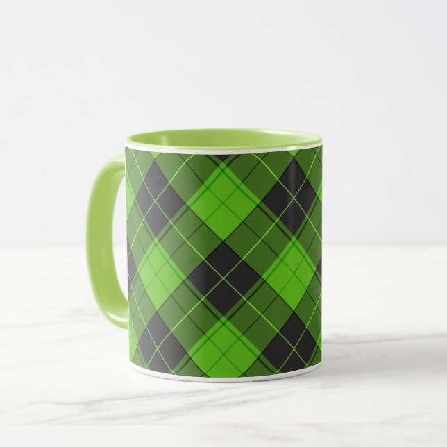 Caneca Padrão diagonal xadrez simples em verde escuro (Frente Esquerda)