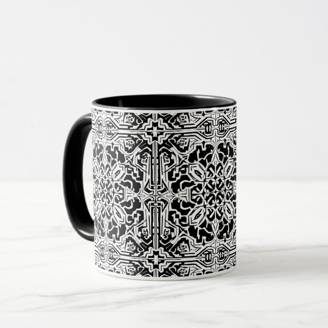 Caneca Padrão do Azulejo marroquino mosaico em preto e br (Frente Esquerda)