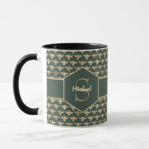 Caneca Padrão Dourado de MelBee elegante em verde escuro