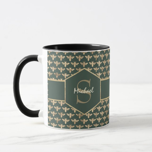 Caneca Padrão Dourado de MelBee elegante em verde escuro (Esquerda)