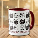Caneca Padrão Engraçado de Gato Engraçado<br><div class="desc">Esta caneca tem um padrão de caras bonitinhas de cartoon em preto e branco. Na parte inferior está o texto repetitivo "Meow" em vermelho escuro. Perfeito para o amante do gato em sua vida! *Obrigados para o Soul Clipart World para as imagens neste design.</div>