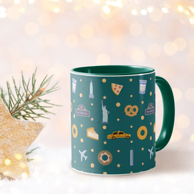 Caneca Padrão Festivo de Natal Verde da Cidade de Nova Yo (Criador carregado)
