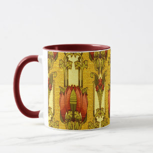 Caneca Padrão Floral Art Nouveau Vintage de Tulipa Vermel