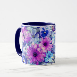 Caneca Padrão Floral Azul Magenta Rosa