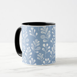 Caneca Padrão Floral Azul Suave Escandinavo Branco Folha