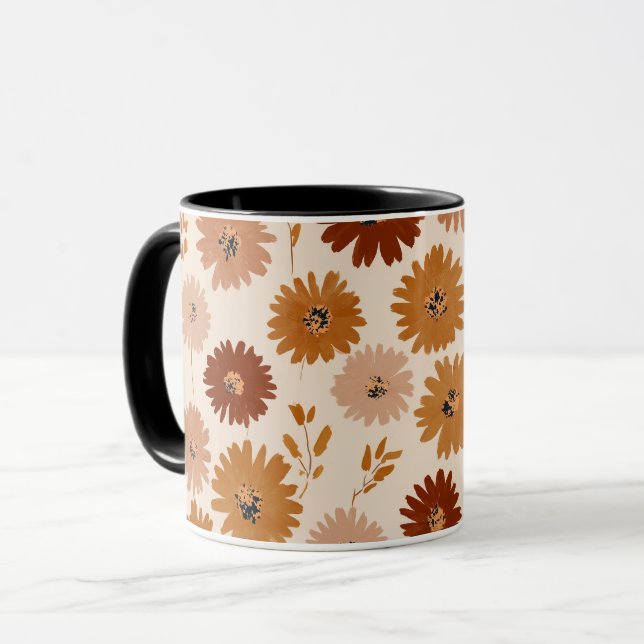 Caneca Padrão Floral Bege Boho Terra Daisy (Frente Esquerda)