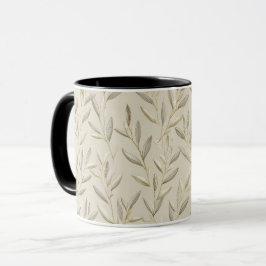 Caneca Padrão Floral Bege de Folha de Oliveira Botânica
