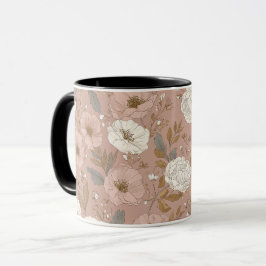 Caneca Padrão Floral Bege Flor Boho Rosa Empoeirado