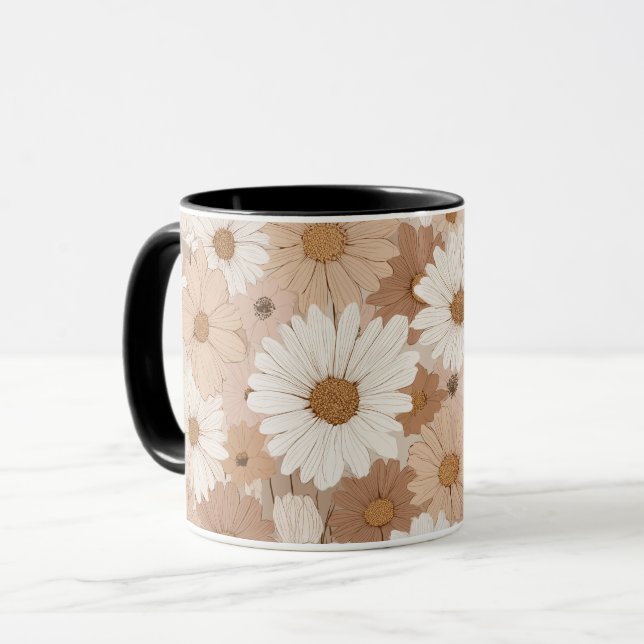Caneca Padrão Floral Bege Margarida Tom Terra Boho (Frente Esquerda)