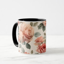 Caneca Padrão Floral Bege Rosa Água-marinha Suave