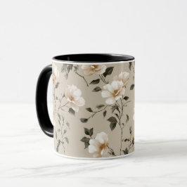 Caneca Padrão Floral Bege Rosa Branco Suave 