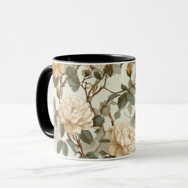 Caneca Padrão Floral Bege Rosa Creme Romântico (Frente Esquerda)