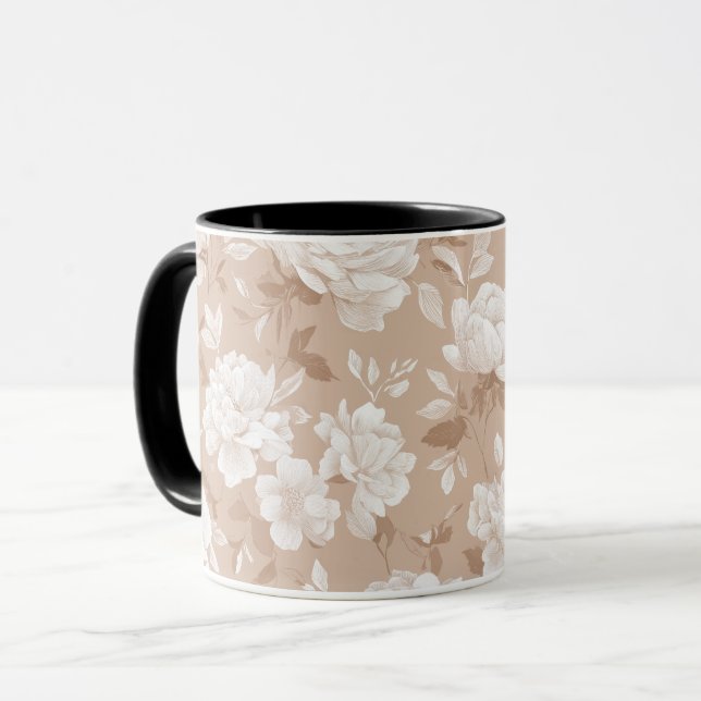 Caneca Padrão Floral Bege Rosa Neutro Suave (Frente Esquerda)