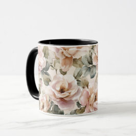 Caneca Padrão Floral Bege Rosa Suave Aquarela