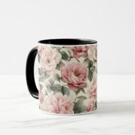 Caneca Padrão Floral Bege Rosa Suave Aquarela