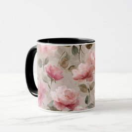 Caneca Padrão Floral Bege Rosa Suave Aquarela
