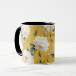 Caneca Padrão Floral Branco Flor Amarela Macia Moderna