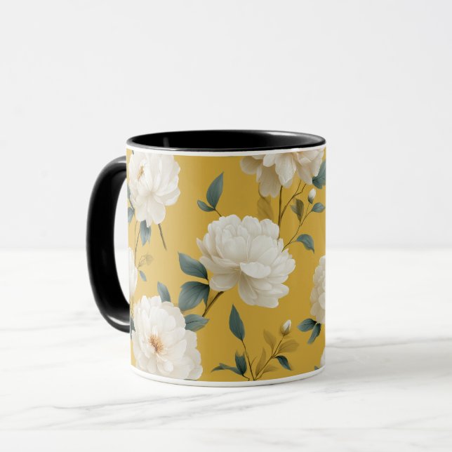 Caneca Padrão Floral Branco Flor Amarela Macia Moderna (Frente Esquerda)