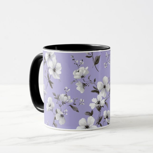 Caneca Padrão Floral Branco Flor de Lavanda Suave (Frente Esquerda)