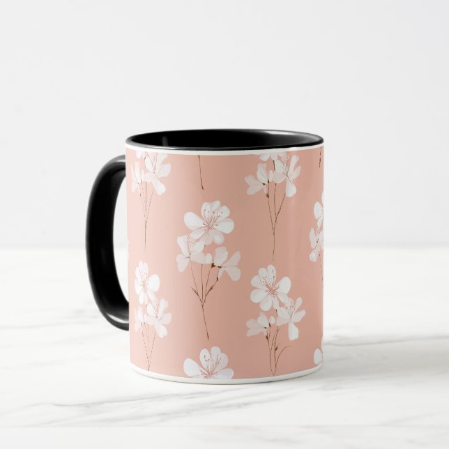Caneca Padrão Floral Branco Flor Minima Rosa Pálido (Frente Esquerda)
