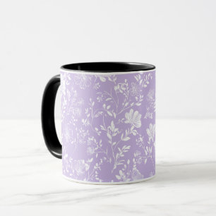 Caneca Padrão Floral Branco Lavanda Roxa Suave
