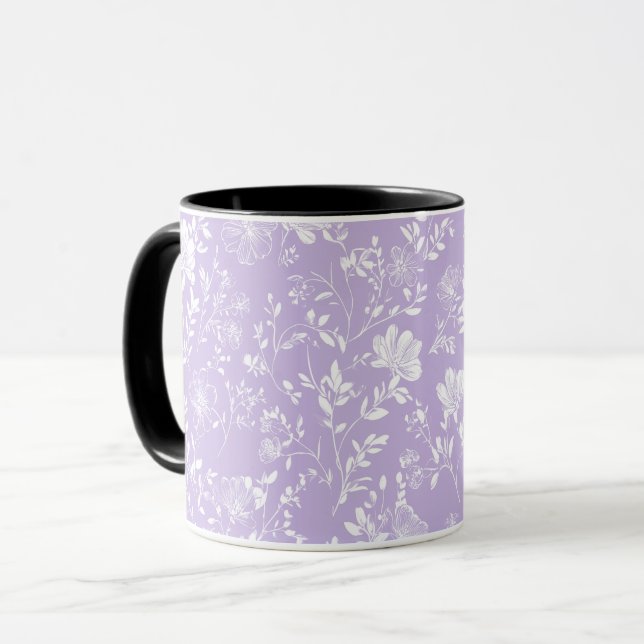 Caneca Padrão Floral Branco Lavanda Roxa Suave (Frente Esquerda)