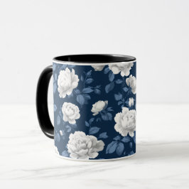 Caneca Padrão Floral Branco Rosa Azul Marinho Elegante