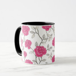 Caneca Padrão Floral Branco Rosa Rosa Desenhada à Mão