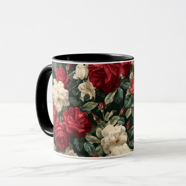 Caneca Padrão Floral Branco Rosa Vermelha Clássica (Frente Esquerda)
