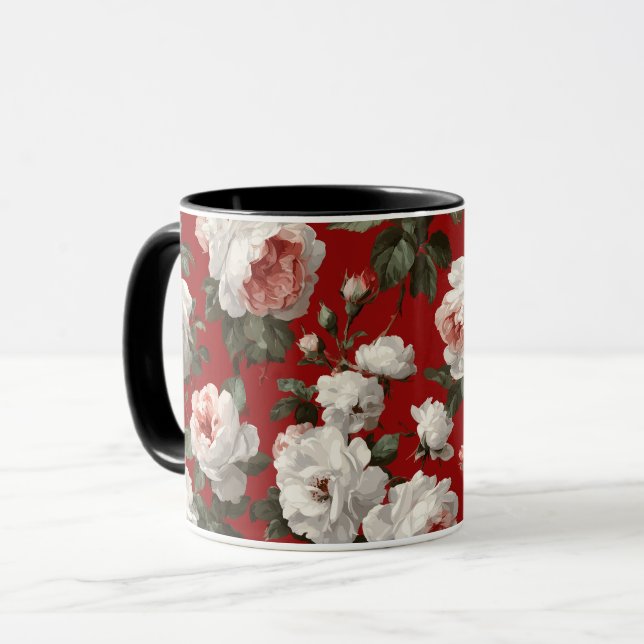 Caneca Padrão Floral Branco Rosa Vermelha Clássica (Frente Esquerda)