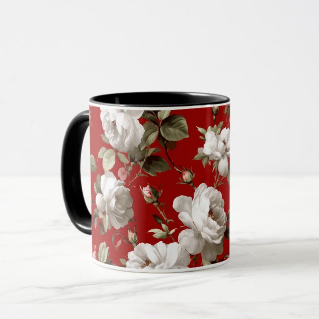 Caneca Padrão Floral Branco Rosa Vermelha Clássica (Frente Esquerda)