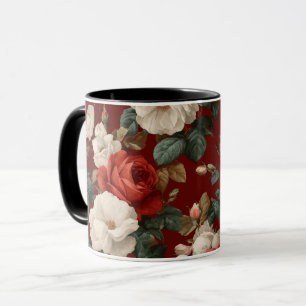 Caneca Padrão Floral Branco Rosa Vermelha Clássico