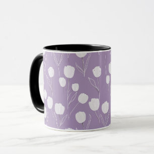Caneca Padrão Floral Branco Tulipa Lavanda Moderna