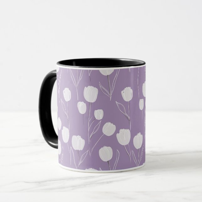 Caneca Padrão Floral Branco Tulipa Lavanda Moderna (Frente Esquerda)