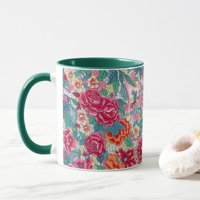 Caneca Padrão Floral Chinês Colorido (Com Donut)