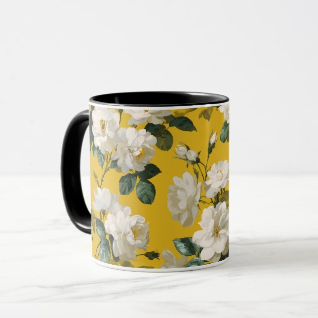 Caneca Padrão Floral Clássico Amarelo Rosa Branco (Frente Esquerda)