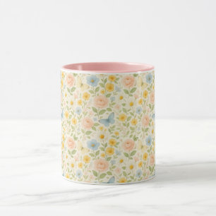 Caneca Padrão floral colorido vintage com borboletas