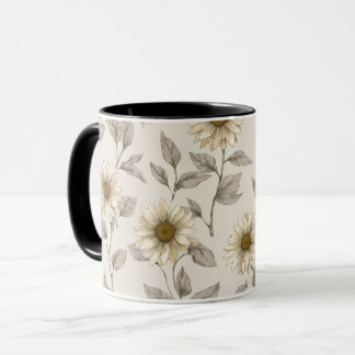 Caneca Padrão Floral Creme de Girassol Neutro Suave