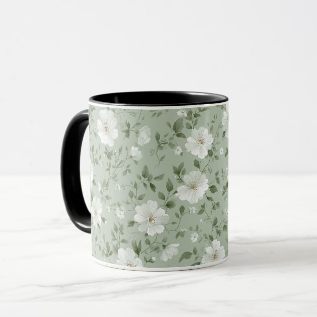 Caneca Padrão Floral Creme Flor Suave Verde (Frente Esquerda)