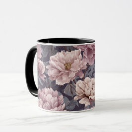 Caneca Padrão Floral Creme Peônia Roxa Romântica